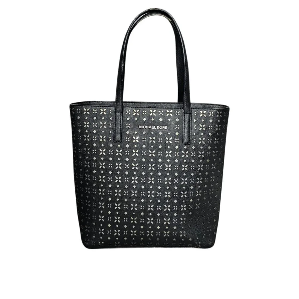 Michael Kors Hayley Tote Laser-cut Leather Medium Black And Silver Handbag COA - Picture 12 of 15